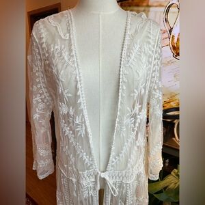 JW Styles Sheer Embroidered Lace Tie Front Duster Cardigan - White
